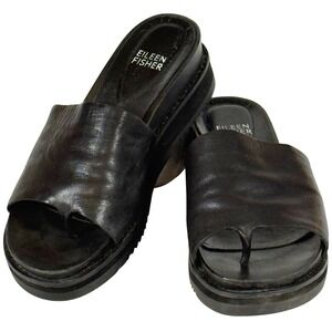 Eileen Fisher Leather Toe Loop Sandals Black Size 6.5 Minimal Platform